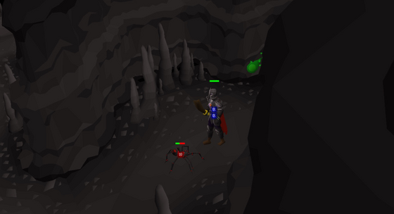 Fighting a poison spider in the tunnels of the Wilderness boss exit cave, Wilderness level 38
