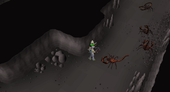 Facing down a king scorpion in a Divine Slayer Cave corridor