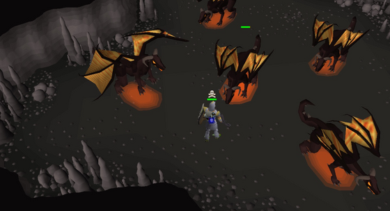 Surrounded by lava dragons in their Slayer Cave chamber