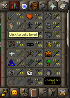 Skills tab with the Click to edit level tooltip
