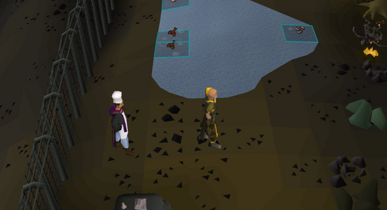 The Resource Area Cooking Instructor beside the fishing pond, with the cooking fire in the north-east corner Level 51 – Deep center Wilderness (Resource Area) · 3189, 3925 (fire in the north-east corner)