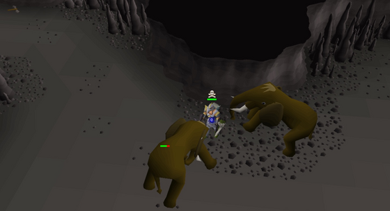 Caught between two charging mammoths in the Slayer Cave