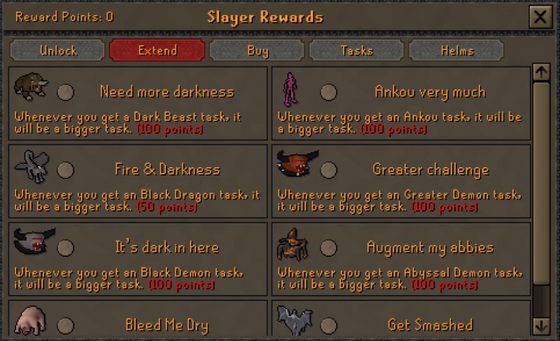 Slayer Rewards window on the Extend tab