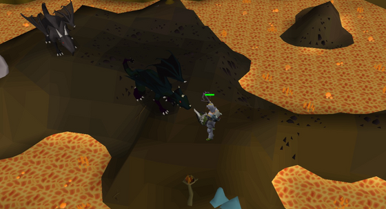 Fighting black dragons between the lava pools of the Lava Maze Dungeon