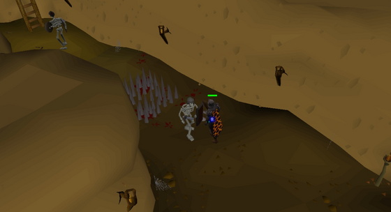 Fighting skeletons in the underground Wilderness dungeon at levels 53–56