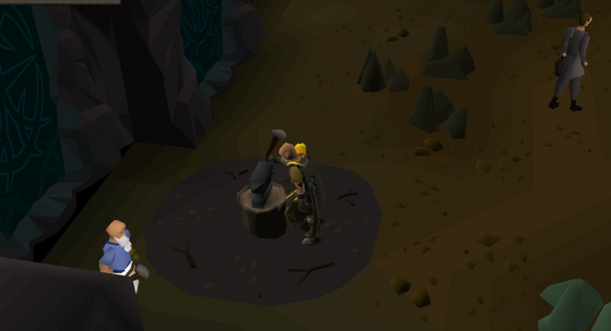 Smithing at the anvil in the Royal skilling dungeon (Royal Donators), with the Smithing Tutor beside it; the furnace is just west Not in the Wilderness, but a donator PvP dungeon: other players can attack you