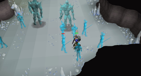 Surrounded by ice warriors in the frozen chamber of the Slayer Cave