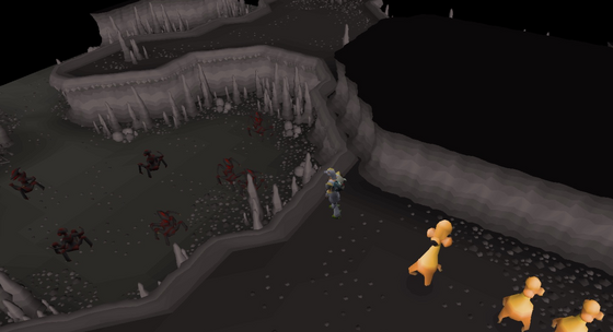 Dust devils on the lower path of the Slayer Cave, with deadly red spiders on the ledge above