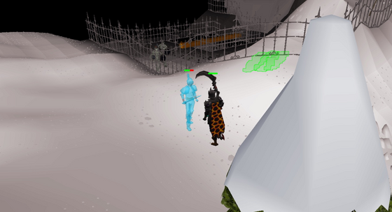 Fighting an ice warrior in the snow of the Ice Plateau, beside the Wilderness Agility Course, Wilderness level 52