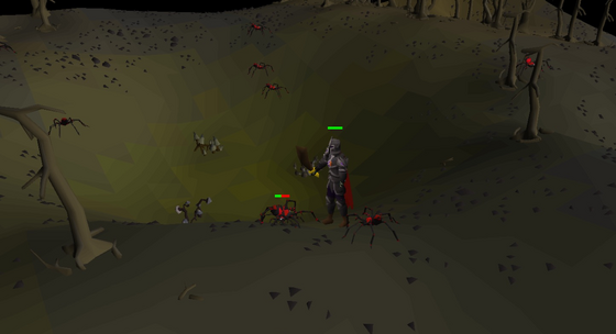 Fighting poison spiders in the dead forest of the east-centre Wilderness, level 35