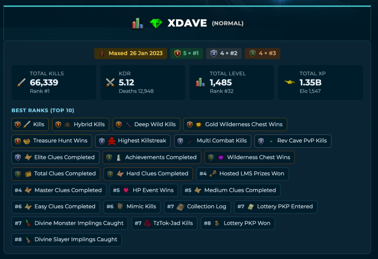The profile summary: badges, headline stats and best ranks