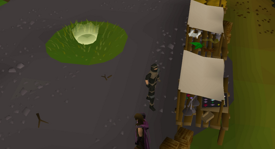 Stealing from the Donator Zone gem stall (level 80) in full rogue gear, with the Thieving Tutor below and the fur stall behind (::dzone) Safe area