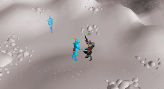 Trading hits with an ice warrior on the snow in level 43 Wilderness