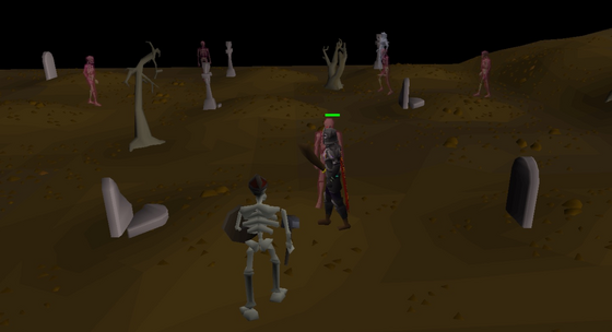 Skeletons wandering among the gravestones of the Forgotten Cemetery, Wilderness level 29