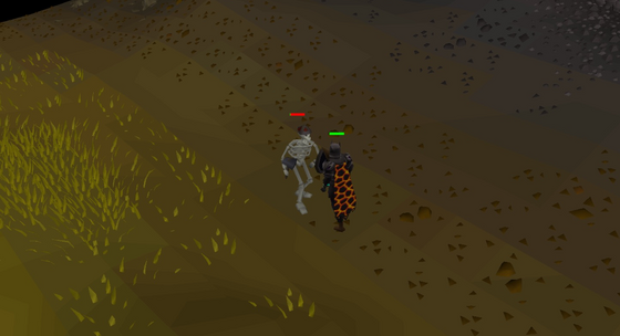 Fighting a skeleton on the plains east of the chinchompa hunting area, Wilderness level 35