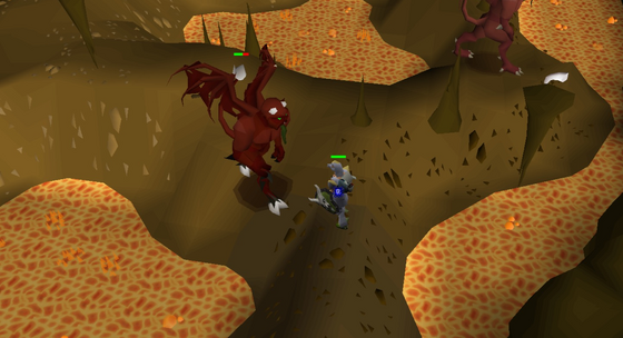 Fighting a greater demon on a rock bridge over lava in the Lava Maze Dungeon
