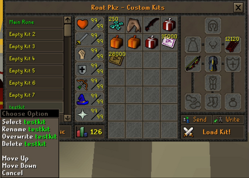 Right-click menu of a saved kit