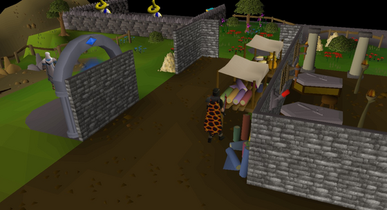 Stealing from the silk stall in rogue gear at the home skilling area at Edgeville, with the baker's stall behind it (::home) Safe area