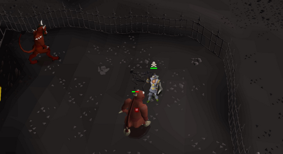 Fighting lesser demons inside the fenced pen in level 41 Wilderness