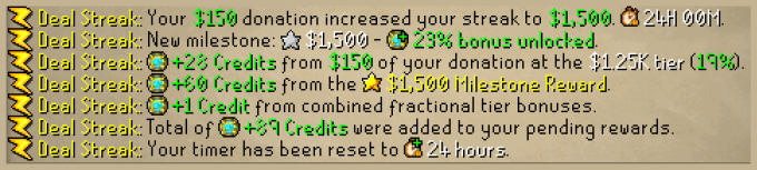 Deal Streak messages for a $150 donation
