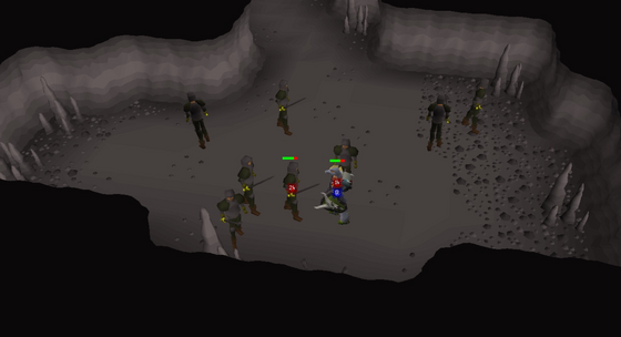 A squad of dark warriors surrounding the player in the Divine Slayer Cave