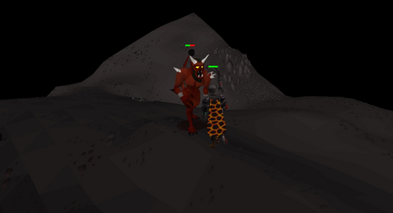 Fighting a lesser demon on the rocky hills of the deep east Wilderness, level 43