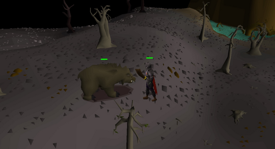 Fighting a grizzly bear among the dead trees of the west Wilderness, level 18